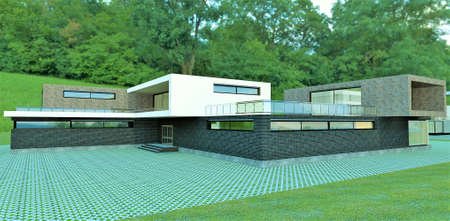 Stunning modern home with a spacious fenced terrace. Black brick walls. Base - gray slate. forest in the background. 3d rendering. May be useful for advertising luxury real estate.の写真素材