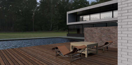 Wooden flooring in the lounge area of a modern high-tech home. Finishing terrace board. Artificial lake, field and forest. 3d rendering.の写真素材