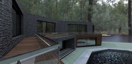 An unusual building on the shore of a quiet lake in a shady park. Finishing facade board and black slate. 3d rendering.の写真素材