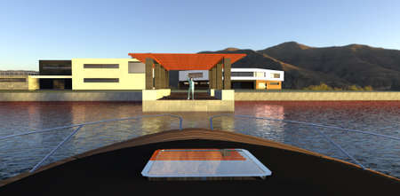 mountain lake. Girl with a raised hand on a concrete pier. View from the bow of the boat. High tech houses in the background. 3d rendering.の写真素材