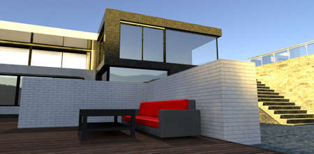 A red sofa and a black table on a wooden deck in the yard of a modern house. White brick fence. 3d rendering.の写真素材