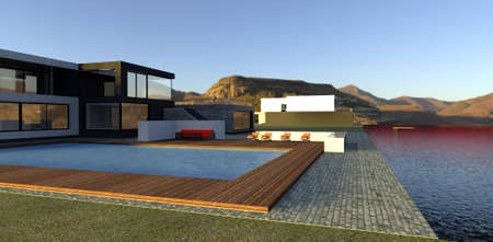 Luxurious high-tech villa with a swimming pool on the shore of a mountain lake. The flooring is made of paving stones and decking boards. 3d rendering.の写真素材
