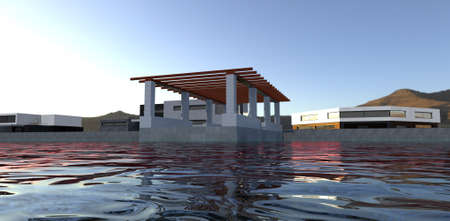 water. The rays of the sun are reflected in an artificial lake. Concrete dock with patio. 3d rendering.の写真素材