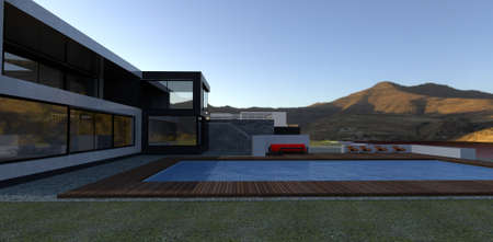 Swimming pool with blue water in the courtyard of a modern house. Terrace board flooring. Bright sun and mountain landscape. 3d rendering.の写真素材