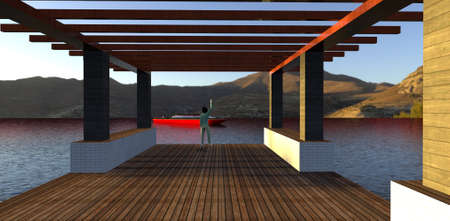The girl waves her hand on a wooden pier, meeting a red boat. A wonderful evening on the lake. 3d rendering.の写真素材