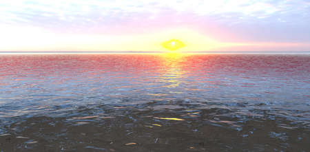 water. A stunning sunrise in the middle of the ocean. view from the surface. 3d rendering.の写真素材