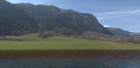 water. Rough River. high mountains in the fog. beautiful green fields. 3d rendering.の写真素材