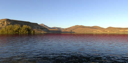 water. mountain lake. The sun is reflected on the surface with a red tint. 3d rendering.の写真素材