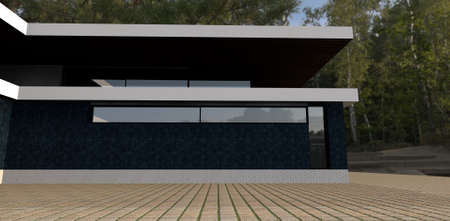 Luxurious house in a birch park. The walls are finished with blue pearl granite. The basement is white brick. 3d rendering.の写真素材