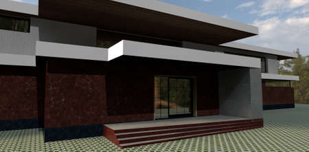 Front entrance to a luxurious house. The walls are Rosso marble. Finishing the porch with concrete. The ends of the steps are red granite. 3d rendering.の写真素材