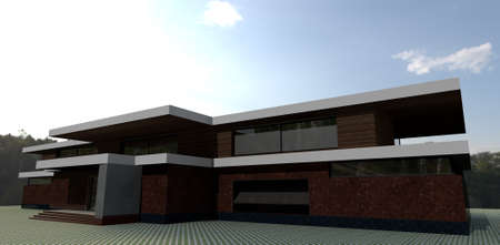 Modern luxury home. Wall decoration red marble and facade board. Plinth blue granite. paving stones lawn paving. 3d rendering.の写真素材