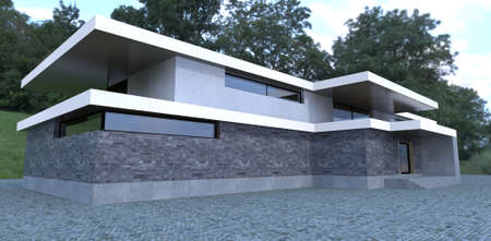 Luxurious high-tech house. Spacious terrace, flat roof. The finishes are slate gray, concrete and white brick. 3d rendering.の写真素材