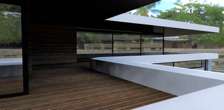 Wooden terrace of a luxury home. Wall decoration facade board. Large reflective windows. 3d rendering.の写真素材