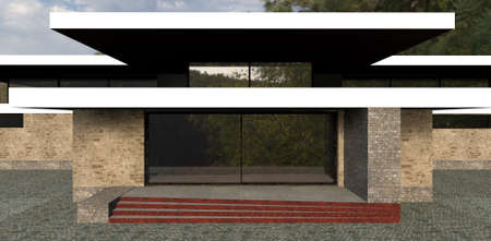 Front entrance to a luxurious building. The ends of the steps are red granite. Finishing of a facade red slate. 3d rendering.の写真素材