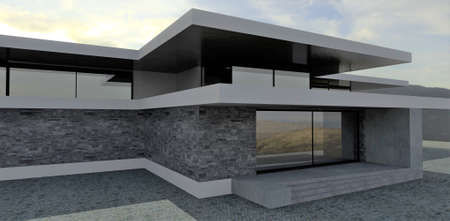 Luxurious high-tech building. Large terrace and flat roof. Slate gray finish. Concrete steps of the porch. 3d rendering.の写真素材