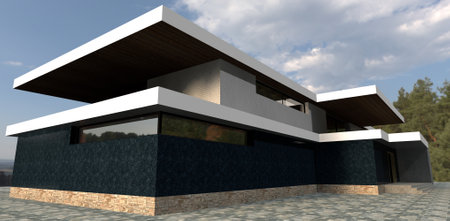 Luxurious house finished with white pearl granite. Plinth red slate. blue cloudy sky. 3d rendering.の写真素材