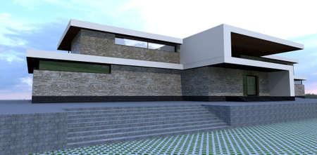 Staircase to the entrance to a luxurious modern house. Wall decoration is old slate. Nice stylish porch. 3d rendering.の写真素材