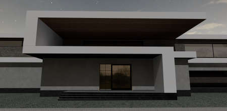 Front entrance to a luxurious country house. night view. Wall decoration is white marble. Plinth black brick. 3d rendering.の写真素材