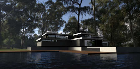 Relic forest. Luxurious villa with a huge pool in the shade of trees. Terrace board flooring. 3d rendering.の写真素材