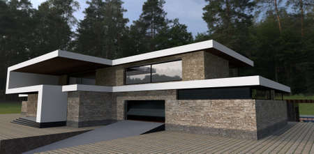 Entrance to the garage of a luxurious country house. Wall decoration is multi-colored slate. Dense green forest in the background. 3d rendering.の写真素材