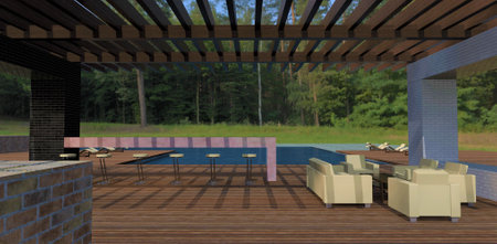 A cozy patio with a bar counter overlooking a forest clearing. Terrace board flooring. swimming pool. Black and white brick finish. 3d rendering.の写真素材