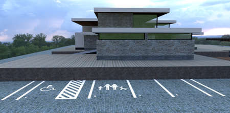 Marking on a car parking near a modern house on a hill. Places for the disabled and families. 3d rendering.の写真素材