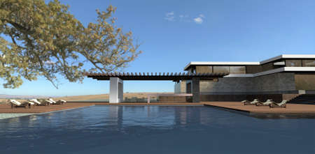 Autumn in a luxury advanced villa. Large pool, decking and spacious modern patio. A branch with yellow leaves above the water. 3d rendering.の写真素材