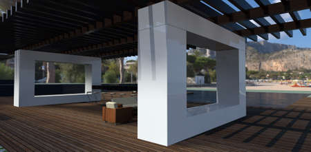 View from the spacious patio to a tropical beach in a rocky bay. Terrace board flooring. 3d rendering.の写真素材