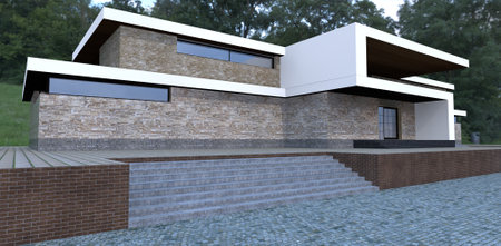 Luxurious modern house in a hilly forest. Entrance to the building. wide staircase. Finishing of a facade multi-colored slate. 3d rendering..の写真素材