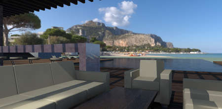 Cozy patio on the shore of a picturesque bay. Armchairs, sofa and table in beige leather. Bar counter in pink marble. Terrace board. 3d rendering.の写真素材