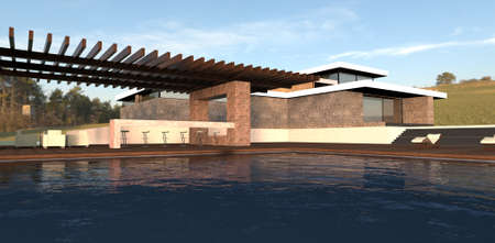 blue water surface. Swimming pool of a luxury home. Gorgeous patio. Terrace board flooring. Hilly forest glade. 3d rendering.の写真素材