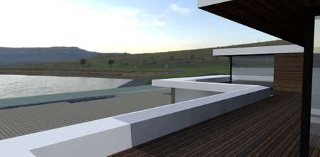 Balcony of a modern country house on the shore of a picturesque bay. Terrace board flooring. 3d rendering.の写真素材