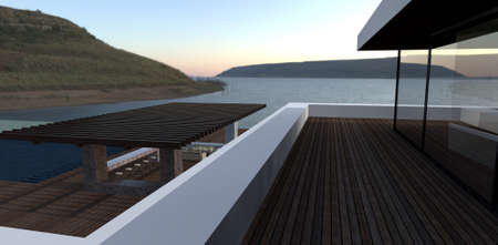 Wooden terrace of a luxury villa. View of the stunning river bay. Downstairs is an extended patio. 3d rendering.の写真素材