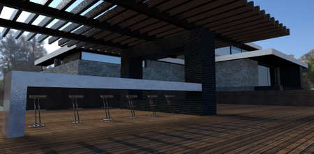 Modern patio of a luxury home. Bar counter and chairs. Finishing black brick and wenge wood. Terrace board flooring. 3d rendering.の写真素材