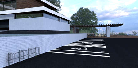 Metal bicycle parking and markings for car parking near a modern house. black asphalt. 3d rendering.の写真素材