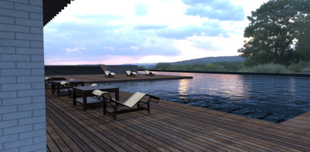 Outdoor terrace on the roof of a luxury country house. Loungers, pool, and wooden decking. View of the steppe landscape. 3d rendering.の写真素材