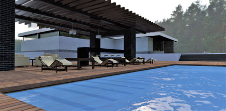Blue water in the swimming pool of a luxury home. Cozy patio with bar. Green forest in the background. 3d rendering.の写真素材