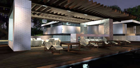 Cozy patio at night. Beige furniture, bar counter and wooden flooring. Evening lights. 3d rendering.の写真素材