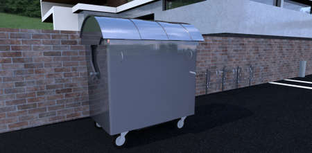 Garbage container near an advanced high-tech house. case material steel. Bicycle parking nearby. 3d rendering..の写真素材