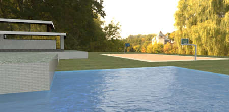 View from the pool of blue water at the house and the basketball court. 3d rendering.の写真素材