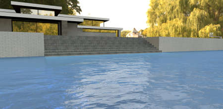 Luxurious blue water swimming pool. Concrete stairs straight into the water. Modern house on the background of autumn forest. 3d rendering.の写真素材