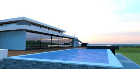 Swimming pool on the roof of a luxury home. Blue water reflects the sunset. Terrace board flooring. 3d rendering.の写真素材