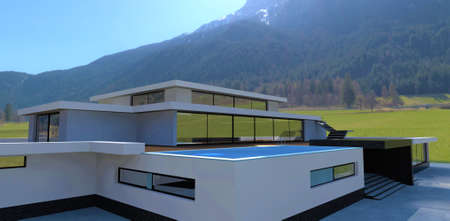 Luxurious modern house at the foot of the mountain. Pool on the roof of the first level. Wall decoration is white plaster and black brick. 3d rendering.の写真素材