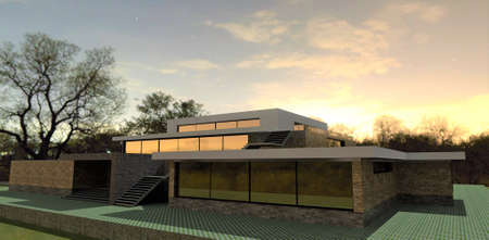 Evening in a luxurious modern villa. Reflection of a stunning sunset in the large mirrored windows. 3d rendering.の写真素材