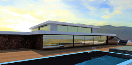 Swimming pool on the roof of a modern country house. Large mirrored windows. Terrace board covering. Stormy sunset. 3d rendering.の写真素材