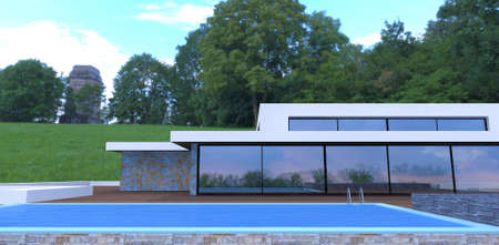 Terrace with pool on the roof of a modern advanced building. Finishing slate and decking. reflective windows. wooded hilly landscape. 3d rendering.の写真素材