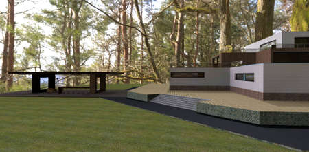 Wonderful estate in a relict forest. Nearby is a small cozy patio with a bar counter. Spacious meadow with green grass. 3d rendering.の写真素材