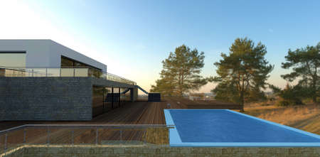Spacious terrace with a swimming pool on the roof of an advanced club hotel. Wall finishing decorative slate. 3d rendering.の写真素材