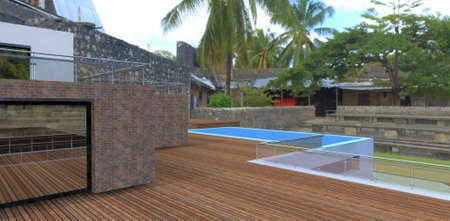 Spacious wooden terrace of a new luxury house with a rooftop pool in an old courtyard on a tropical island. 3d rendering.の写真素材