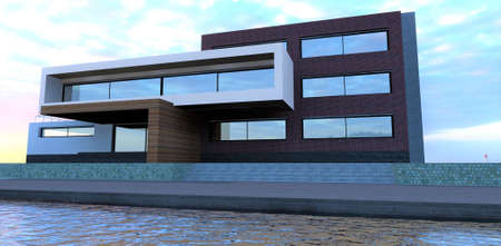 A small modern club-type office on the shore of an artificial lake. Facade decoration dark red brick. Porch facade board. 3d rendering.の写真素材